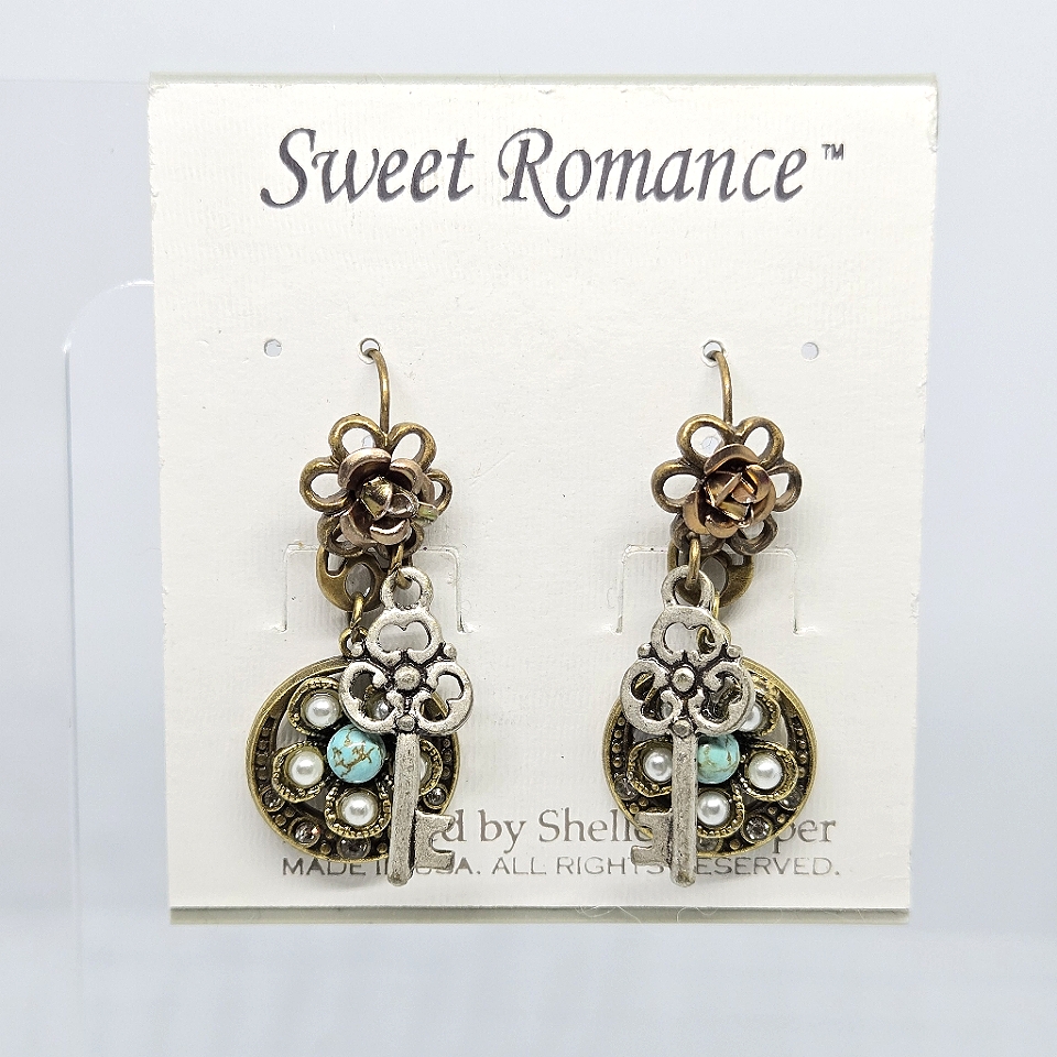Sweet Romance Flower & Key Earrings New Boho Bohemian Steampunk Fall